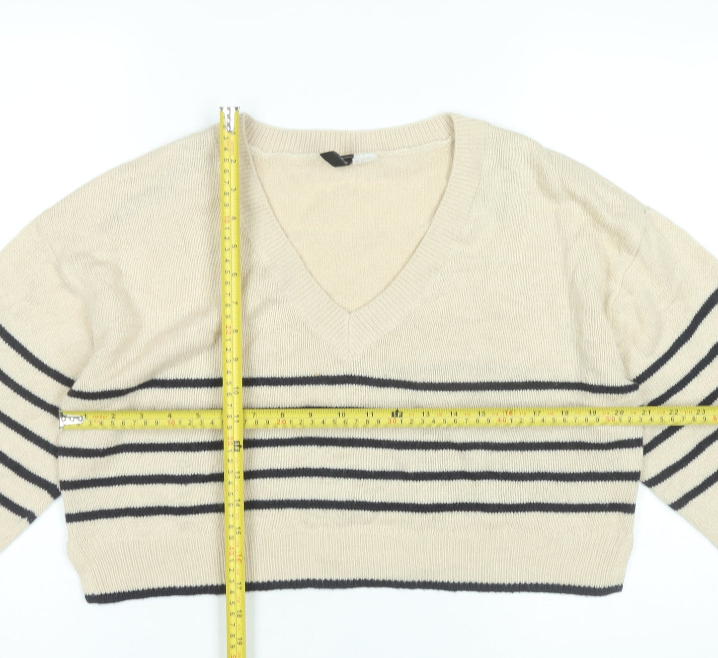 H&M Women’s Beige Striped V-Neck Pullover Jumper Size 12