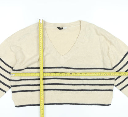 H&M Women’s Beige Striped V-Neck Pullover Jumper Size 12