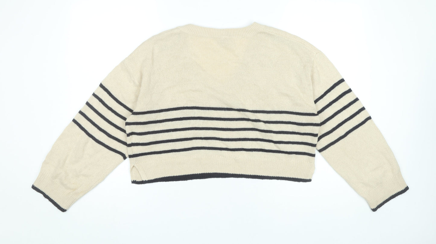 H&M Women’s Beige Striped V-Neck Pullover Jumper Size 12