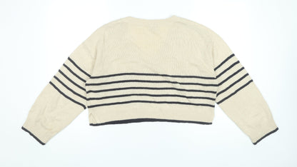 H&M Women’s Beige Striped V-Neck Pullover Jumper Size 12