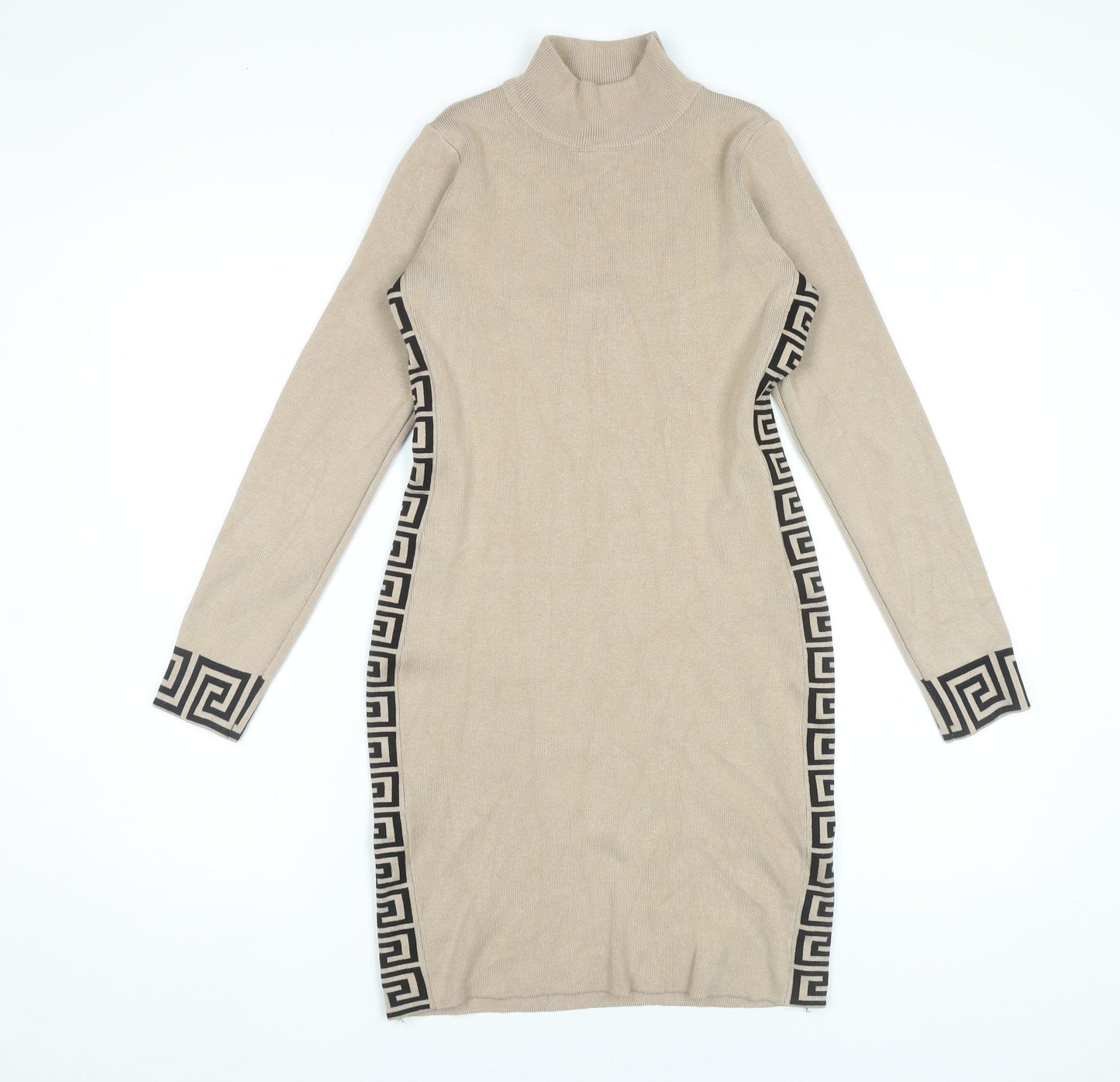 Esther.H Women Beige Bodycon Knit Dress Roll Neck One Size