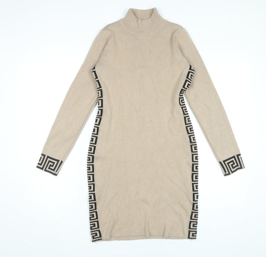 Esther.H Women Beige Bodycon Knit Dress Roll Neck One Size