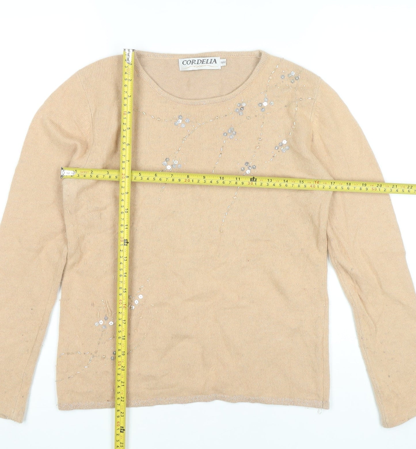 Cordelia Womens Beige Sequin Embellished Jumper Size 10 Pullover Knitwear