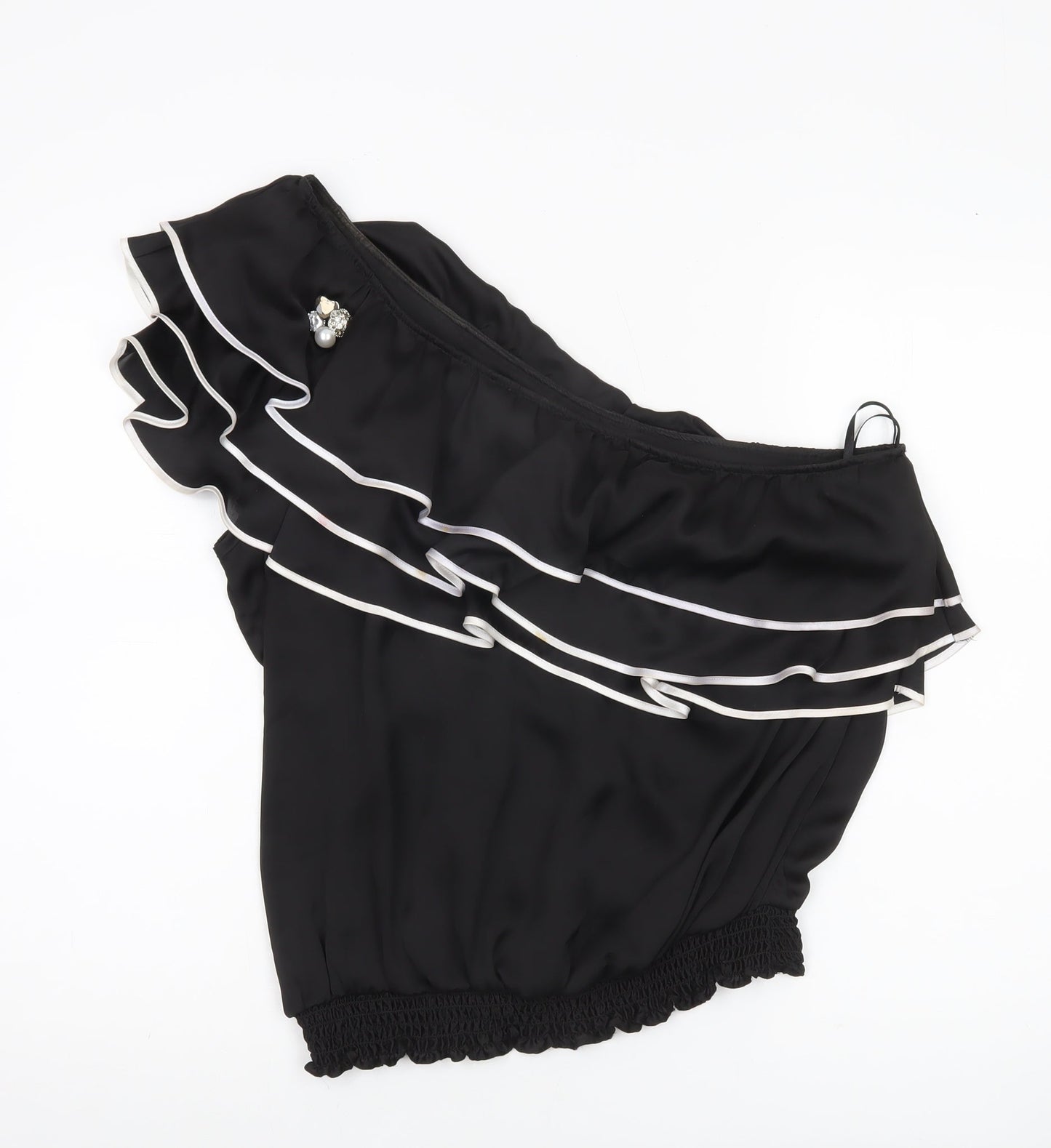 Red Herring Womens Black One Shoulder Ruffle Blouse Size 18