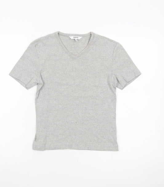 Esprit Womens Grey Cotton V-Neck T-Shirt Size S Short Sleeve
