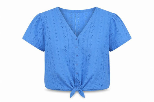 Front view of Roman Women Blue Cotton Cropped Blouse, size 18, V-Neck Short Sleeve
