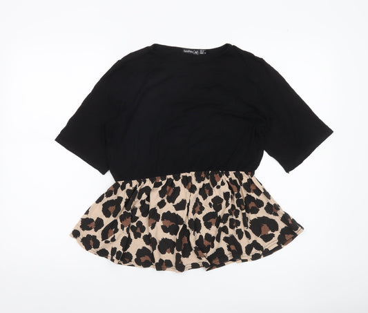 Boohoo Womens Black Leopard Print Peplum Blouse UK 12 Regular