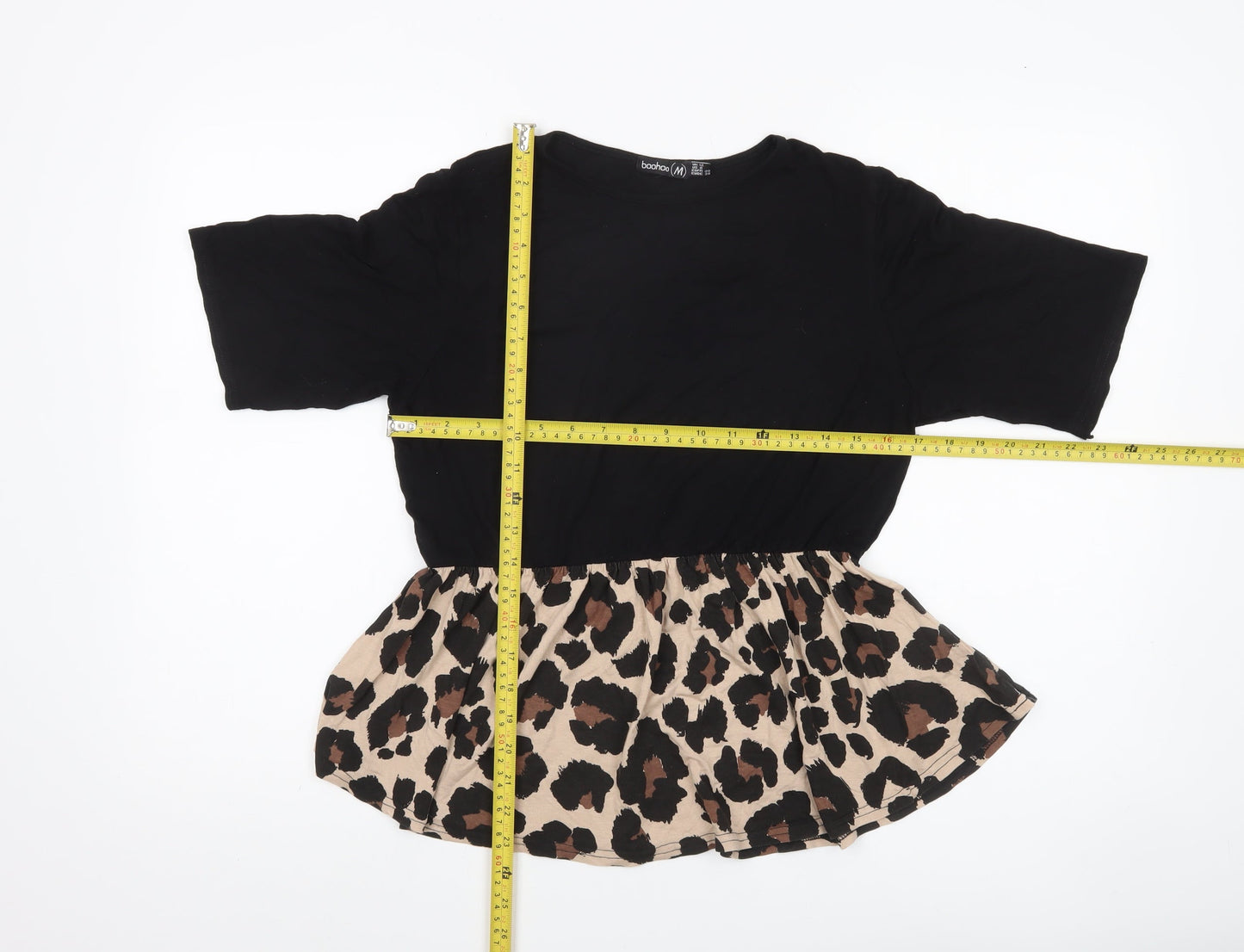 Boohoo Womens Black Leopard Print Peplum Blouse UK 12 Regular