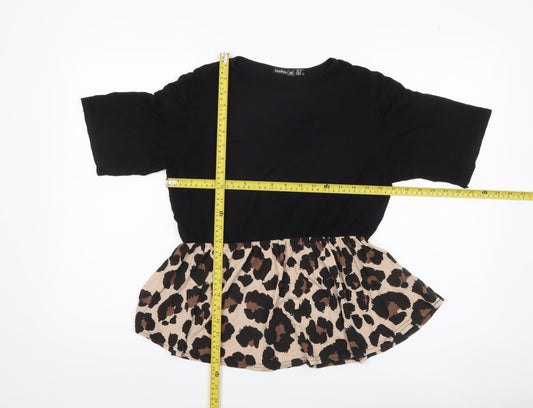 Boohoo Womens Black Leopard Print Peplum Blouse UK 12 Regular
