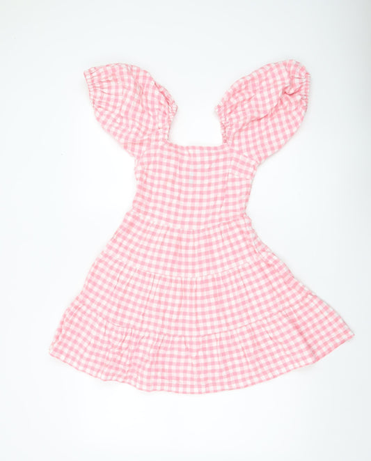 Influence Women’s Pink Gingham Skater Dress Size 6 Puff Sleeve