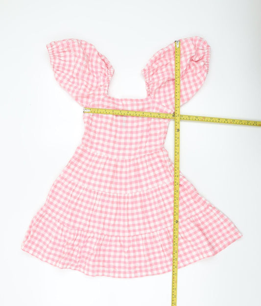 Influence Women’s Pink Gingham Skater Dress Size 6 Puff Sleeve