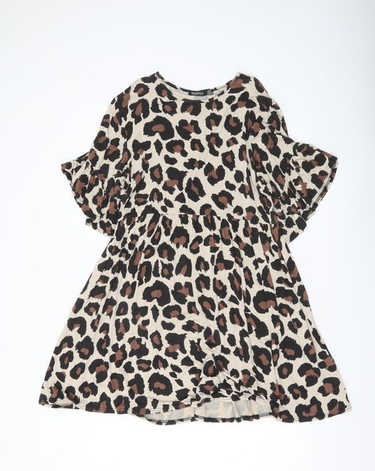 Boohoo Women’s Beige Leopard Print Swing Dress Size 12