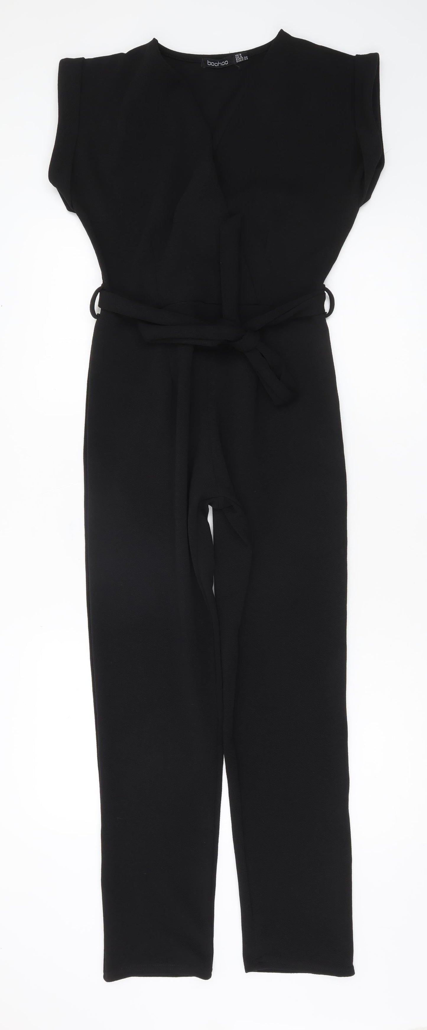 Boohoo Women’s Black V-Neck Belted Jumpsuit Size 8 Regular
