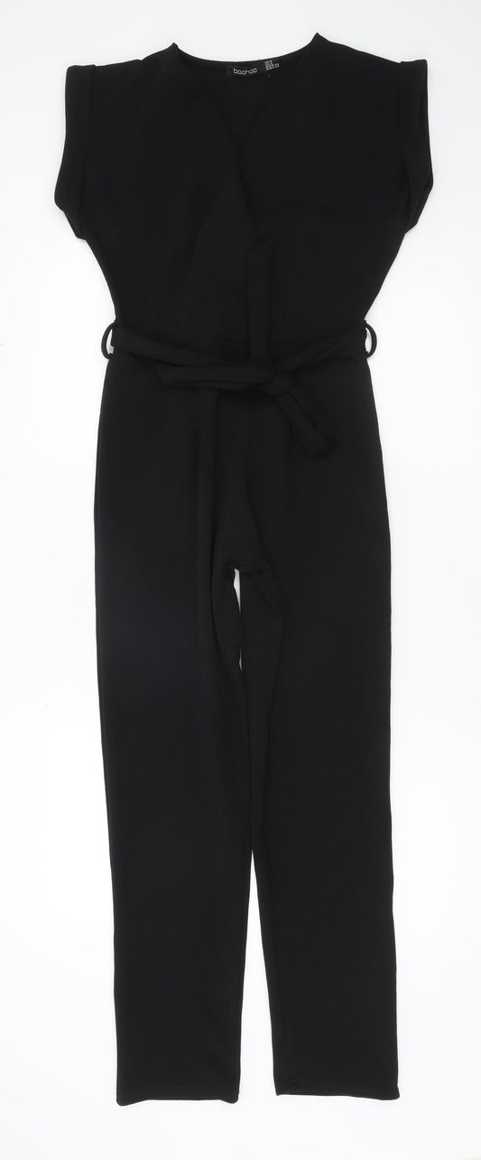 Boohoo Women’s Black V-Neck Belted Jumpsuit Size 8 Regular