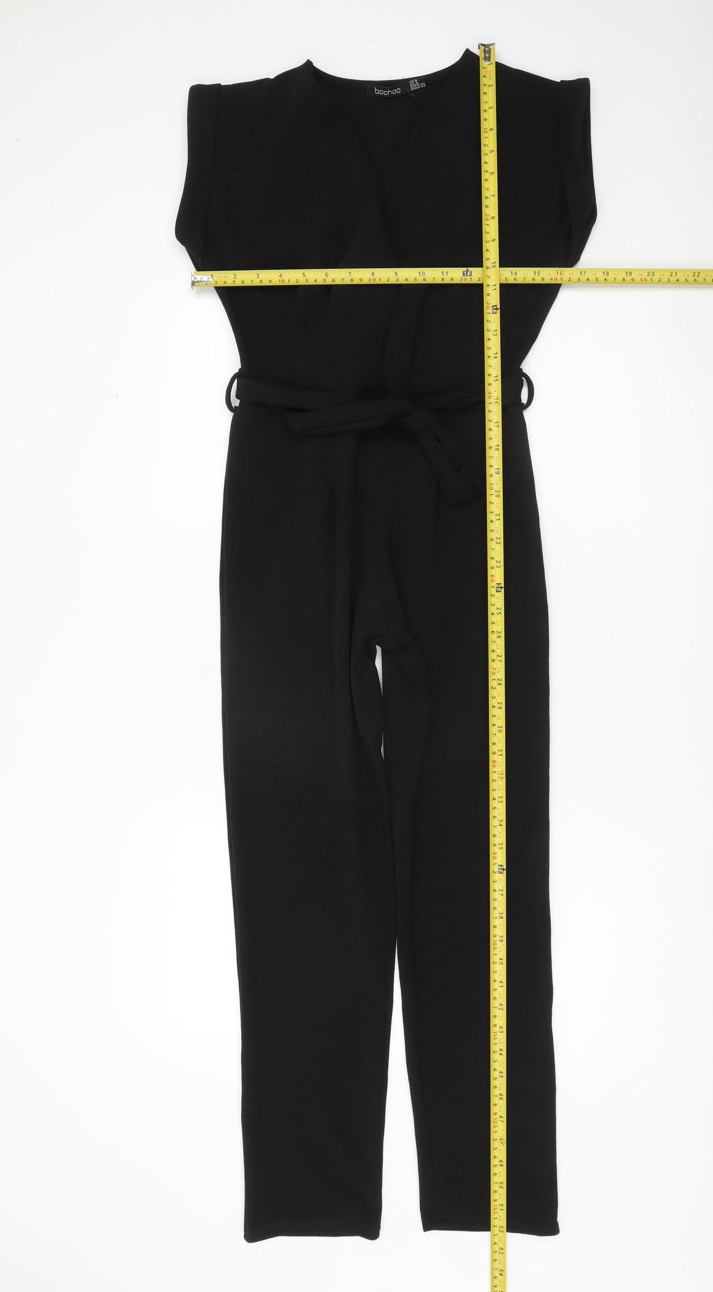 Boohoo Women’s Black V-Neck Belted Jumpsuit Size 8 Regular