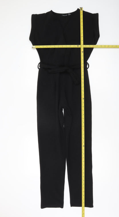Boohoo Women’s Black V-Neck Belted Jumpsuit Size 8 Regular
