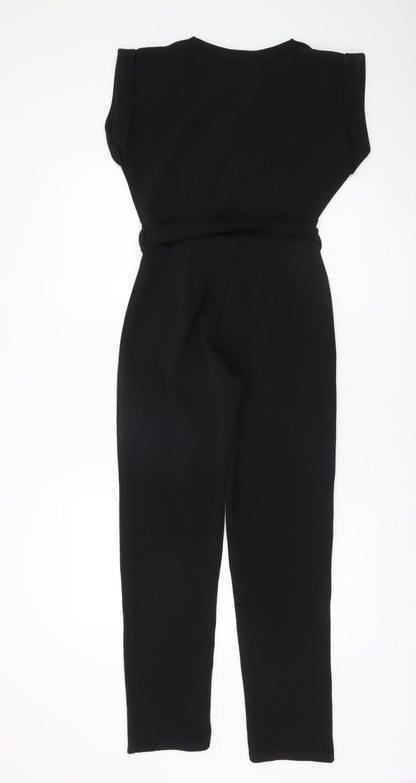 Boohoo Women’s Black V-Neck Belted Jumpsuit Size 8 Regular