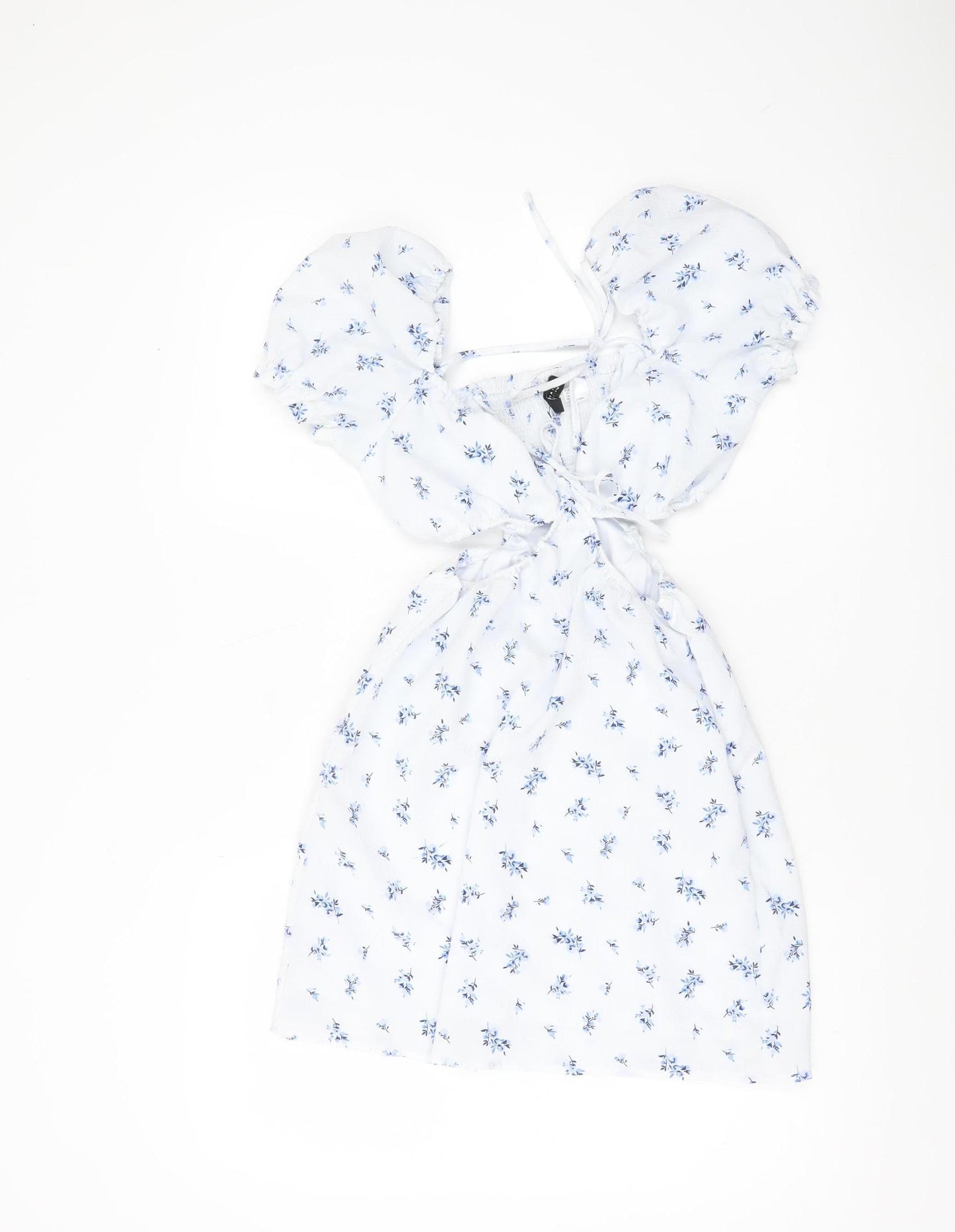 H&M Women’s White Floral Skater Dress Size 12 Puff Sleeve