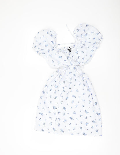 H&M Women’s White Floral Skater Dress Size 12 Puff Sleeve