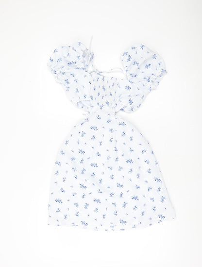 H&M Women’s White Floral Skater Dress Size 12 Puff Sleeve