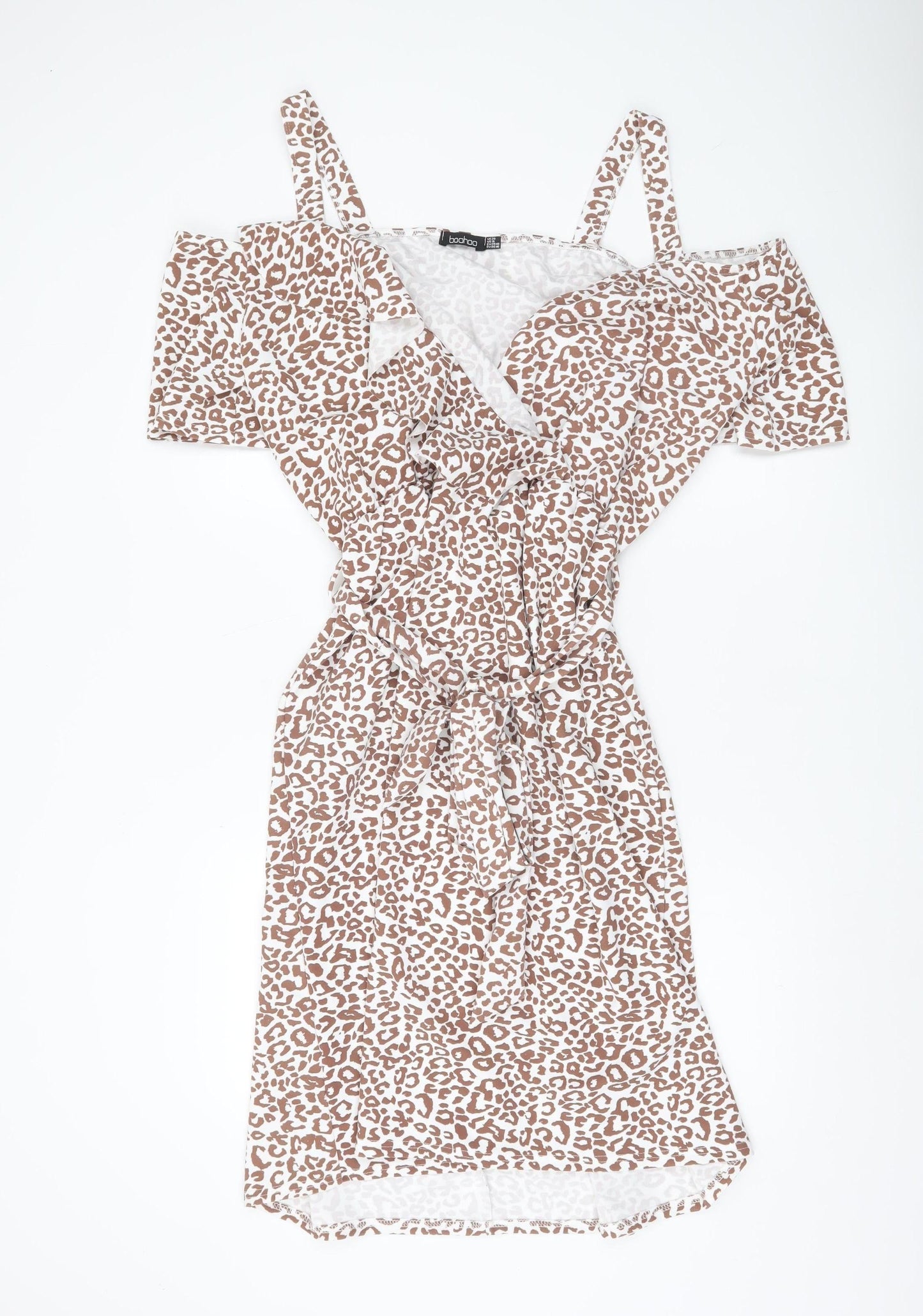Boohoo Women Brown Leopard Wrap Dress Size 20 Plus Cold Shoulder