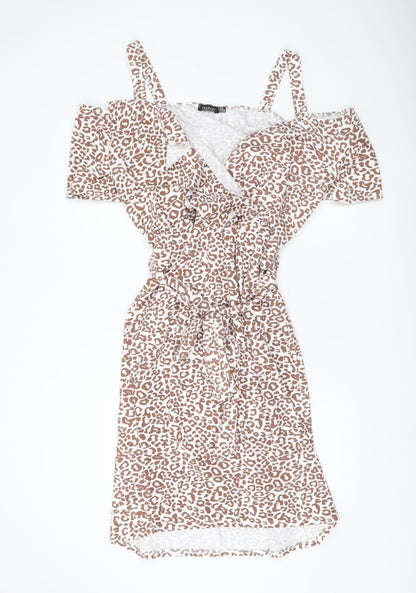 Boohoo Women Brown Leopard Wrap Dress Size 20 Plus Cold Shoulder