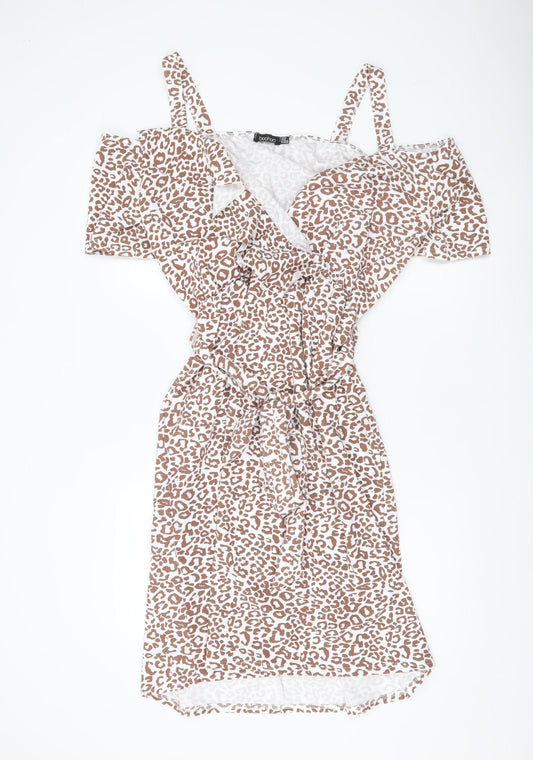 Boohoo Women Brown Leopard Wrap Dress Size 20 Plus Cold Shoulder