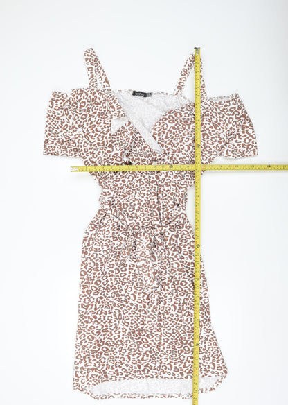 Boohoo Women Brown Leopard Wrap Dress Size 20 Plus Cold Shoulder
