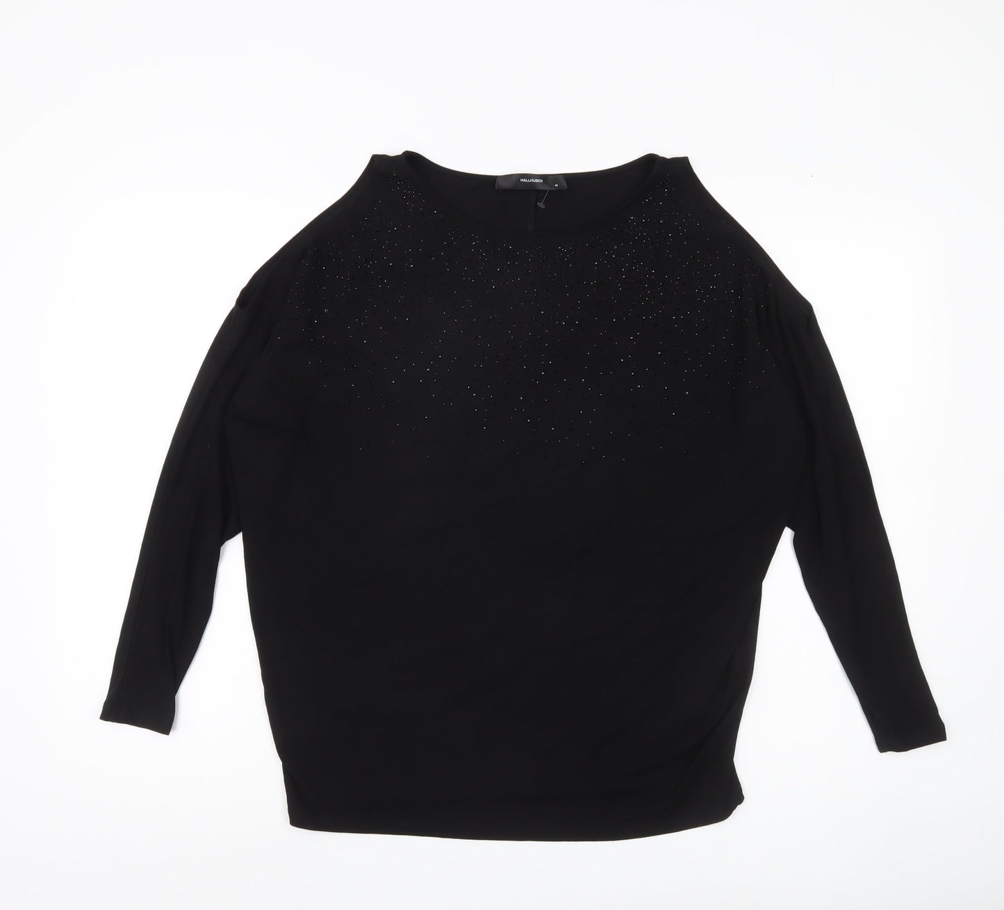 Hallhuber Women Black M Rhinestone Blouse 3/4 Sleeve Boat Neck