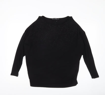 Hallhuber Women Black M Rhinestone Blouse 3/4 Sleeve Boat Neck