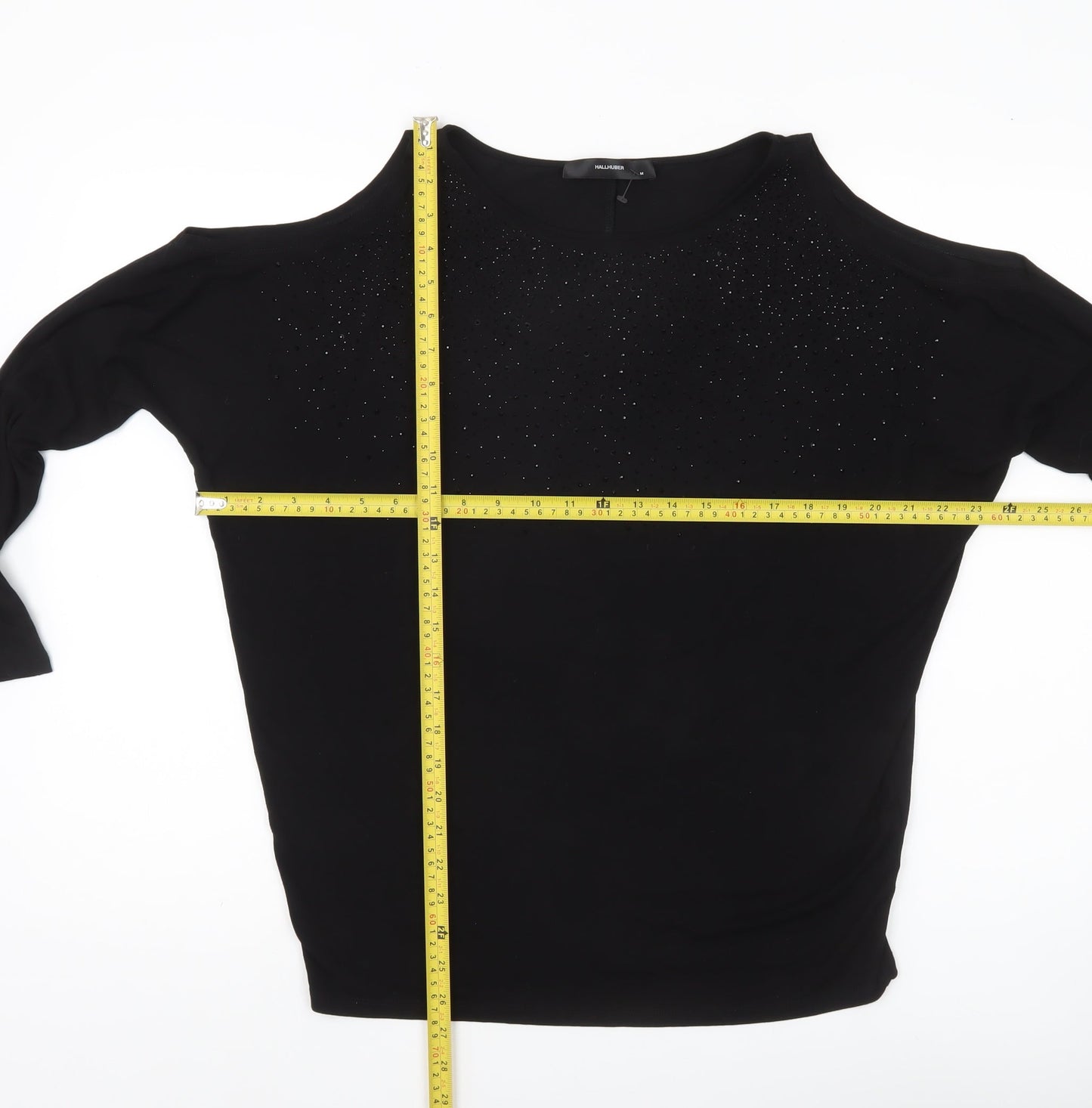 Hallhuber Women Black M Rhinestone Blouse 3/4 Sleeve Boat Neck