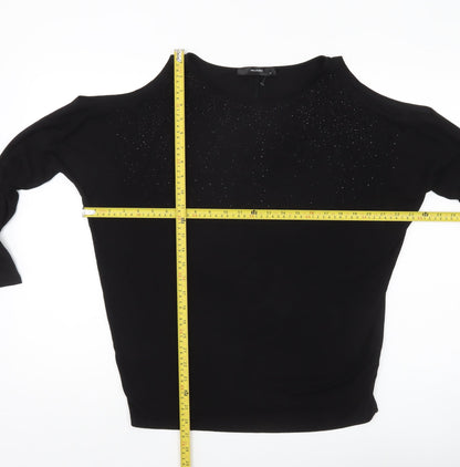Hallhuber Women Black M Rhinestone Blouse 3/4 Sleeve Boat Neck