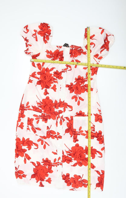 QED London Women’s Red Floral Shift Dress UK 14 Puff Sleeve