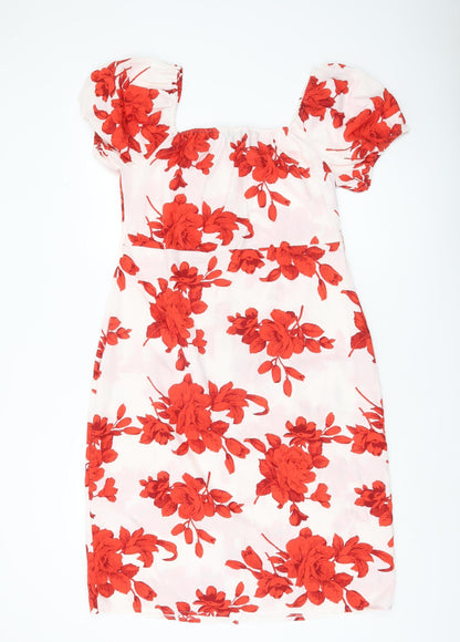 QED London Women’s Red Floral Shift Dress UK 14 Puff Sleeve