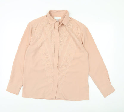 Topshop Women Beige Lace Blouse UK 8 Long Sleeve Collared