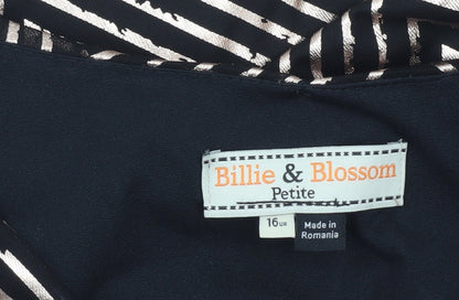 Billie & Blossom Women’s Black Geometric V-Neck Blouse UK 16 Petite