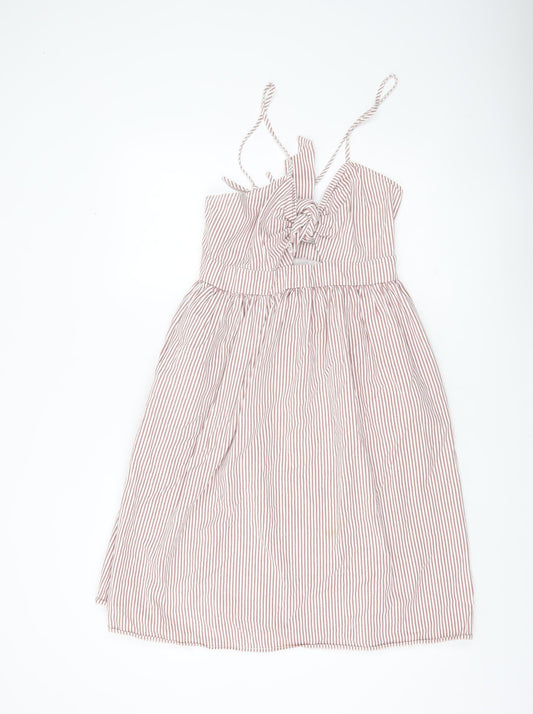 Boohoo Women Red Striped Cotton Knee Length Sundress UK 10