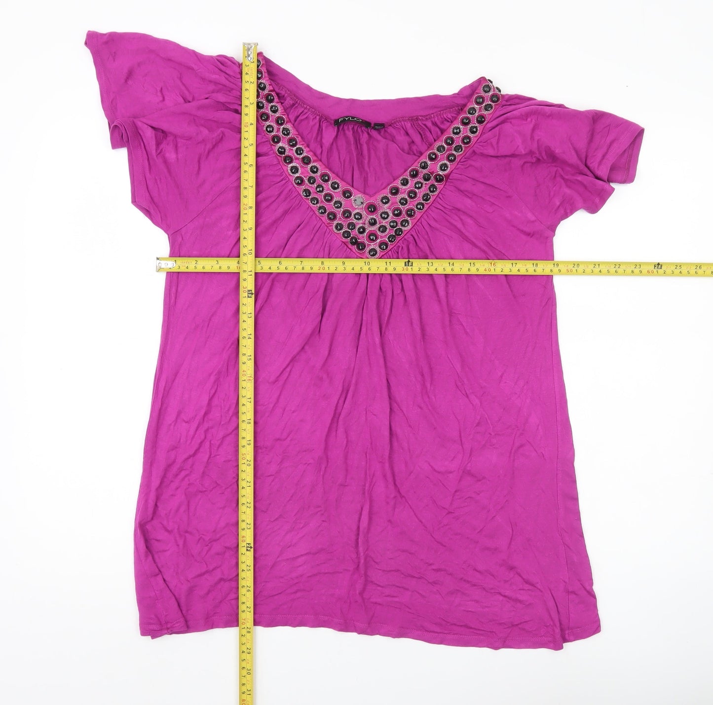 Fylo Womens Purple Beaded V-Neck Tunic Blouse Size L Short Sleeve