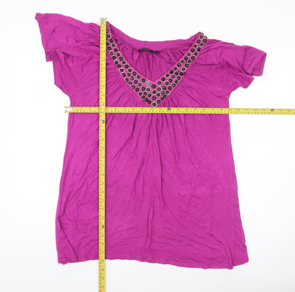 Fylo Womens Purple Beaded V-Neck Tunic Blouse Size L Short Sleeve