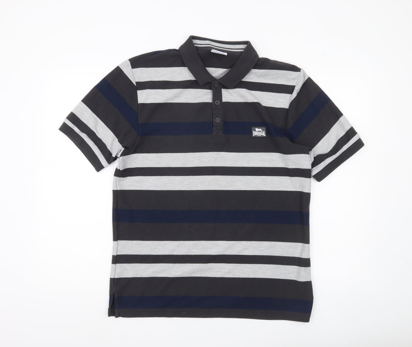 Lonsdale Men’s Black Grey Blue Striped Polo Shirt M Regular Fit