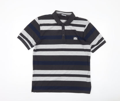 Lonsdale Men’s Black Grey Blue Striped Polo Shirt M Regular Fit