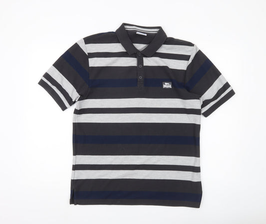 Lonsdale Men’s Black Grey Blue Striped Polo Shirt M Regular Fit
