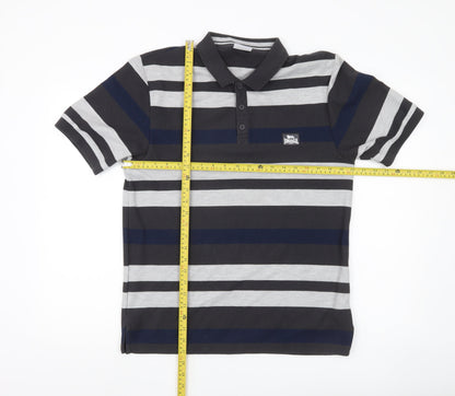 Lonsdale Men’s Black Grey Blue Striped Polo Shirt M Regular Fit