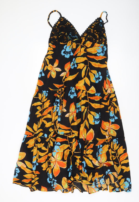 River Island Womens Black Floral Cotton Slip Dress M V-Neck