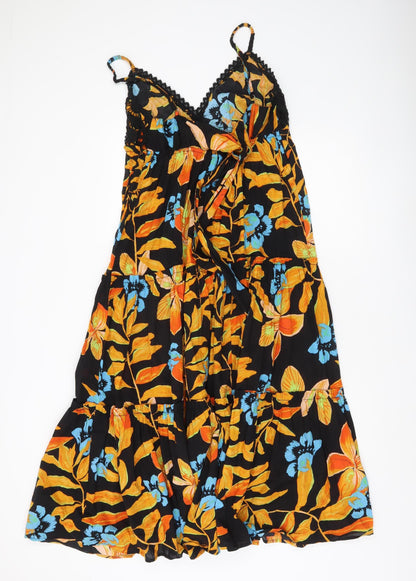 River Island Womens Black Floral Cotton Slip Dress M V-Neck