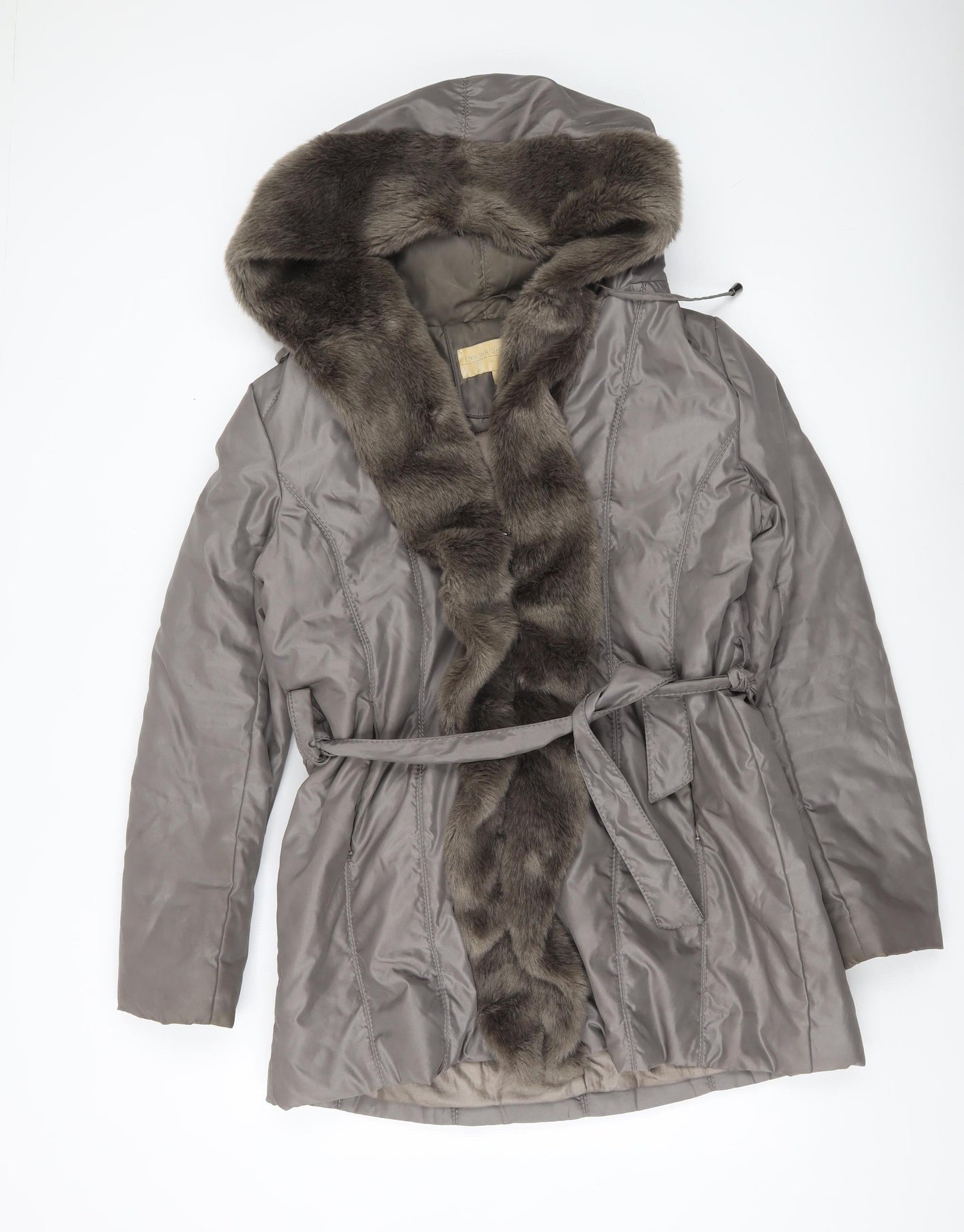 Fenn Wright Manson Women’s Grey Fur Trim Belted Hooded Coat Size 16 XL