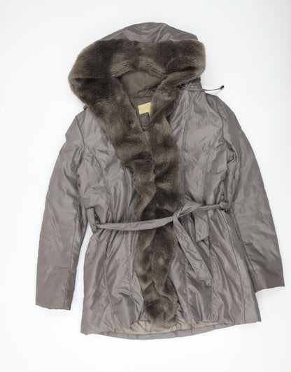 Fenn Wright Manson Women’s Grey Fur Trim Belted Hooded Coat Size 16 XL