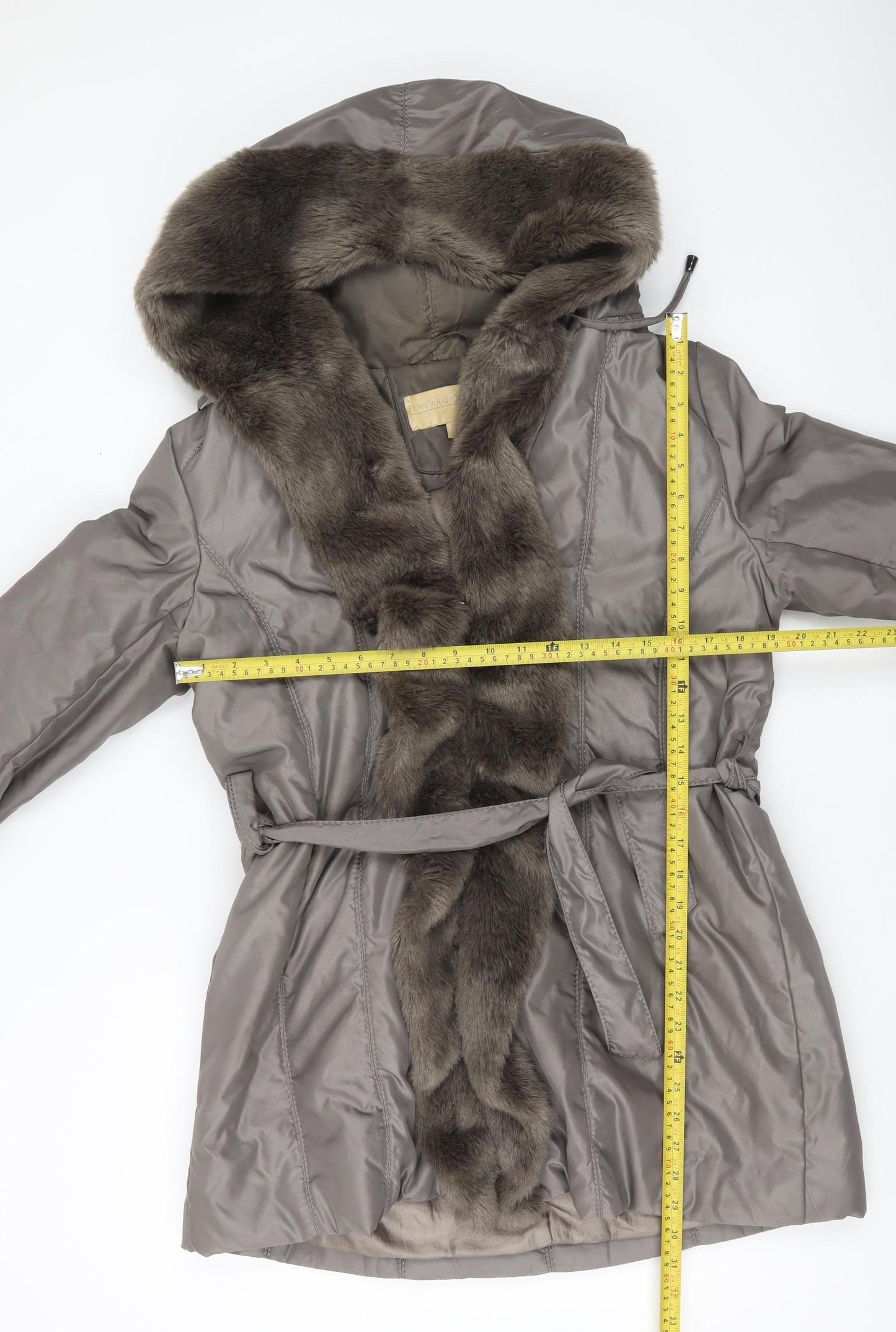 Fenn Wright Manson Women’s Grey Fur Trim Belted Hooded Coat Size 16 XL