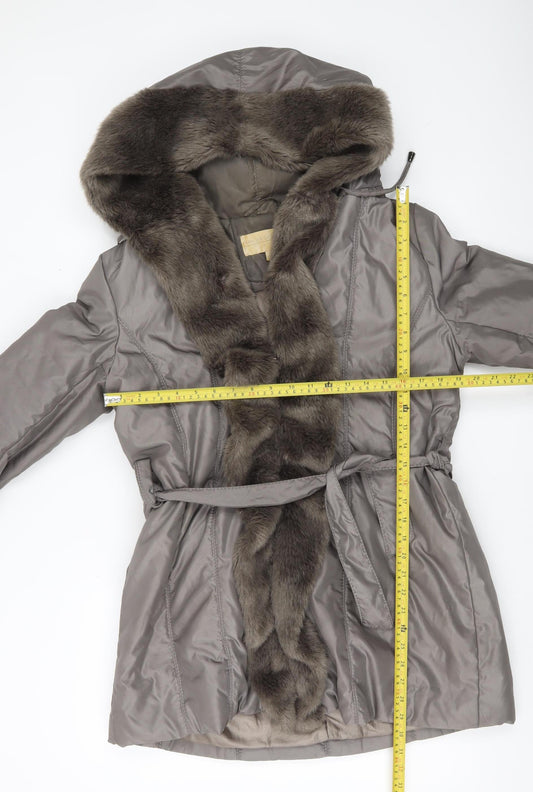 Fenn Wright Manson Women’s Grey Fur Trim Belted Hooded Coat Size 16 XL