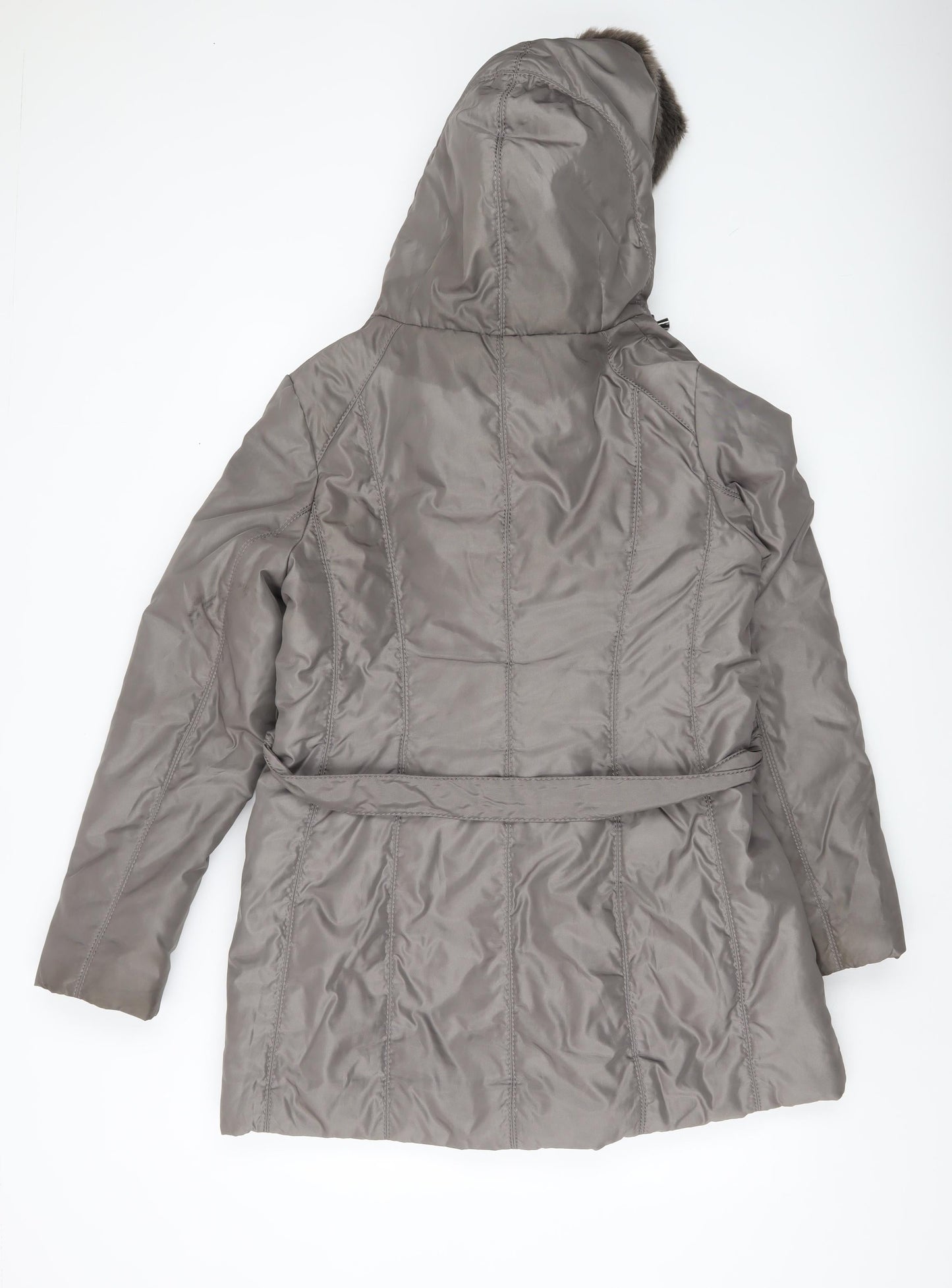 Fenn Wright Manson Women’s Grey Fur Trim Belted Hooded Coat Size 16 XL